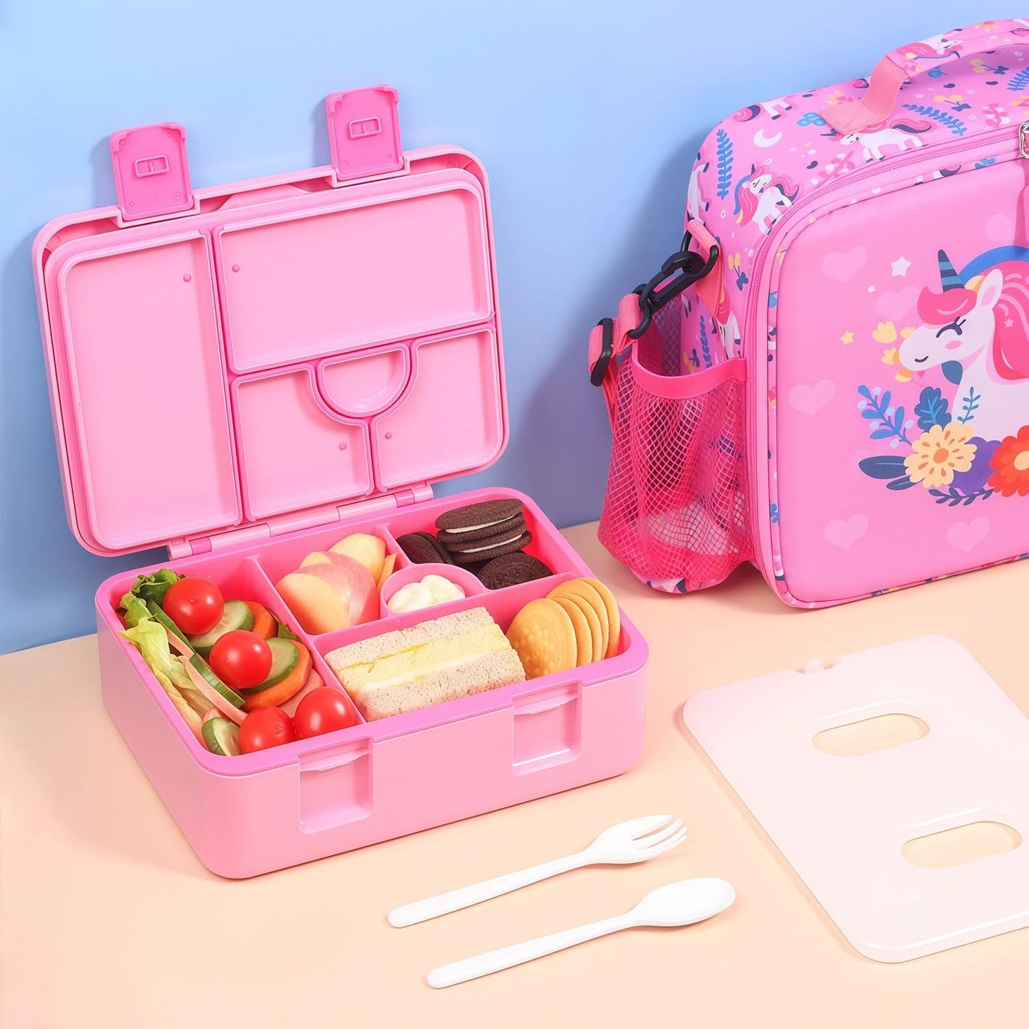 rockpapa Chill Bento Box for Kids- Large 5.5 Cups Lunch Box with Ice Pack - 5 Compartments, BPA-Free, Leak Proof, with Utensils & Portable Handle, Microwave/Dishwasher Safe (Purple Butterfly)