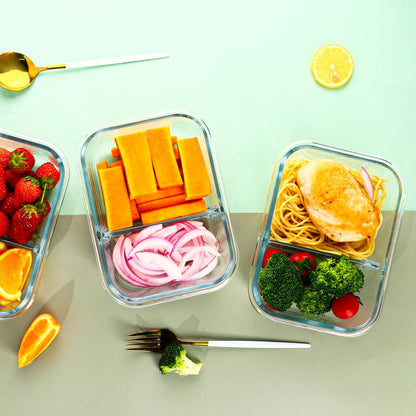 5 Pack 30oz Glass Meal Prep Containers - 2 Compartment Glass Food Storage Containers with Lids, Airtight Bento Boxes, Oven, Freezer & Dishwasher Safe