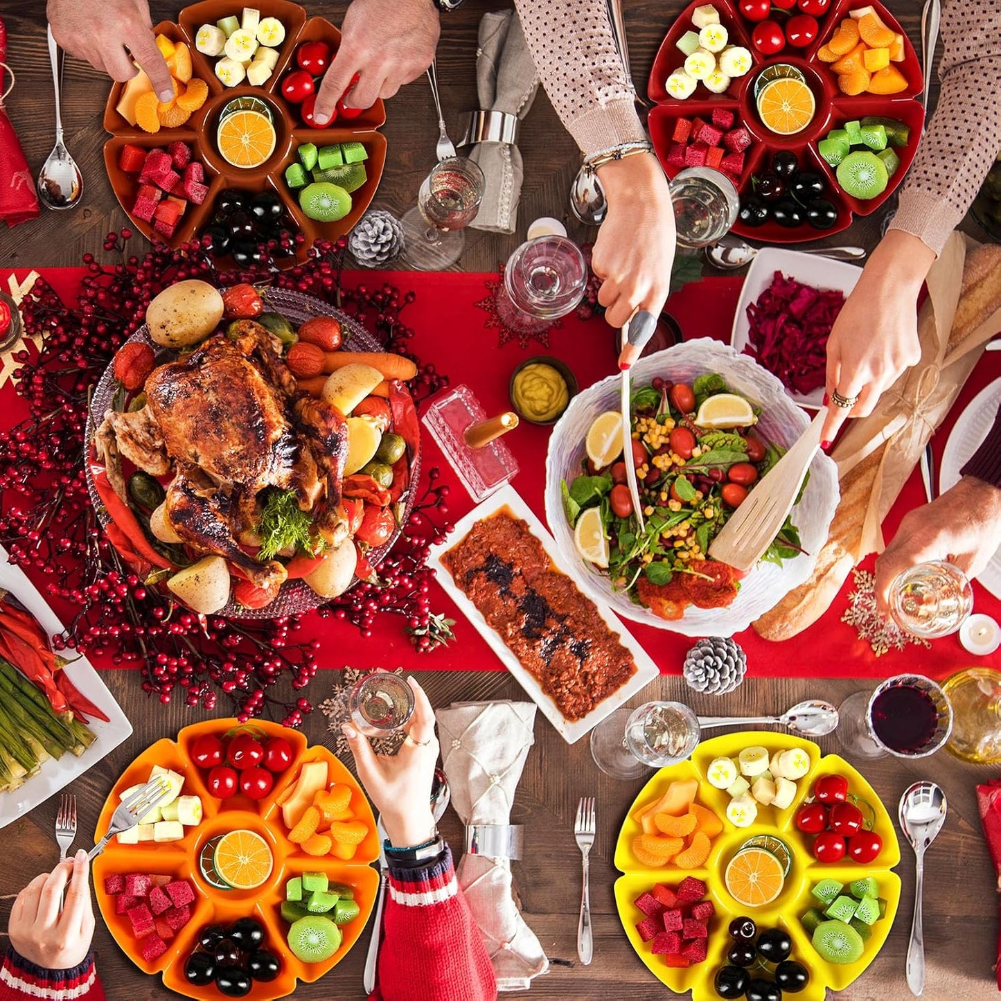 8 Pcs Thanksgiving Plates with Dividers Plastic Divided Snack Serving Tray 10.5 Inch Round 7 Compartments Chip Dip Platter Petal Shape Sectional Platter for Party Candy Nuts Fruits Veggies