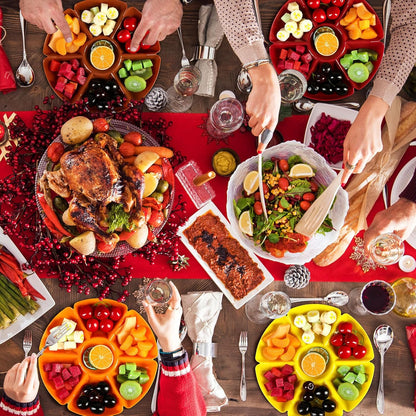 8 Pcs Thanksgiving Plates with Dividers Plastic Divided Snack Serving Tray 10.5 Inch Round 7 Compartments Chip Dip Platter Petal Shape Sectional Platter for Party Candy Nuts Fruits Veggies