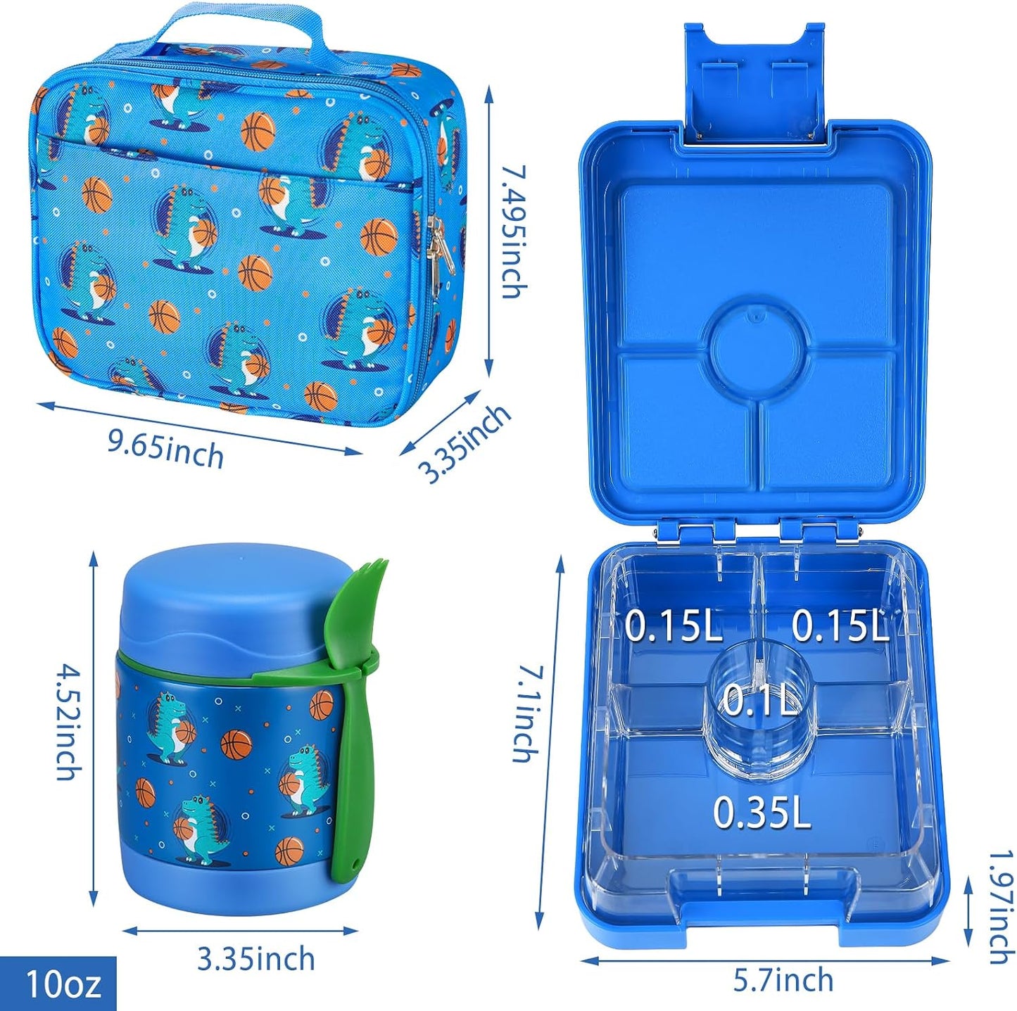 Bento Lunch Box Set for Kids with 10oz Soup Thermo, Leak-Proof Lunch Containers with 4 Compartment, Kids Thermo Hot Food Jar and Insulated Lunch Bag for Kid to School,BPA-Free(Dragon)