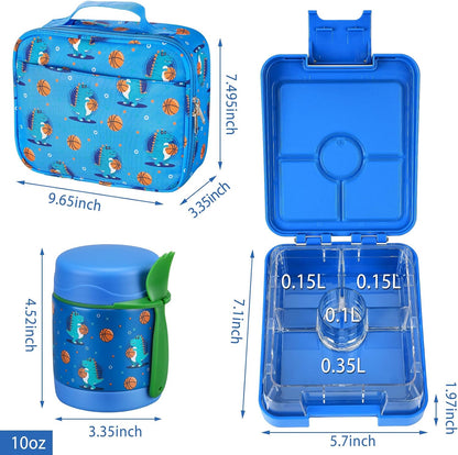 Bento Lunch Box Set for Kids with 10oz Soup Thermo, Leak-Proof Lunch Containers with 4 Compartment, Kids Thermo Hot Food Jar and Insulated Lunch Bag for Kid to School,BPA-Free(Dragon)