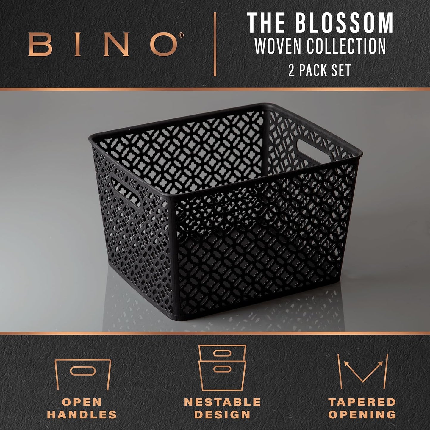BINO l Plastic Storage Baskets, Large - Grey l THE BLOSSOM COLLECTION l Multi-Use Organizer Bin l Built-in Handles l Plastic Woven Basket for Organizing l Pantry & Home Organizing Basket