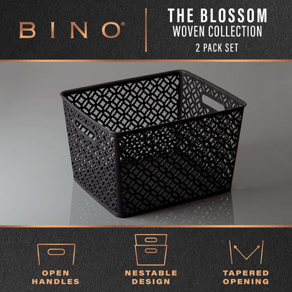 BINO l Plastic Storage Baskets, Large - Grey l THE BLOSSOM COLLECTION l Multi-Use Organizer Bin l Built-in Handles l Plastic Woven Basket for Organizing l Pantry & Home Organizing Basket