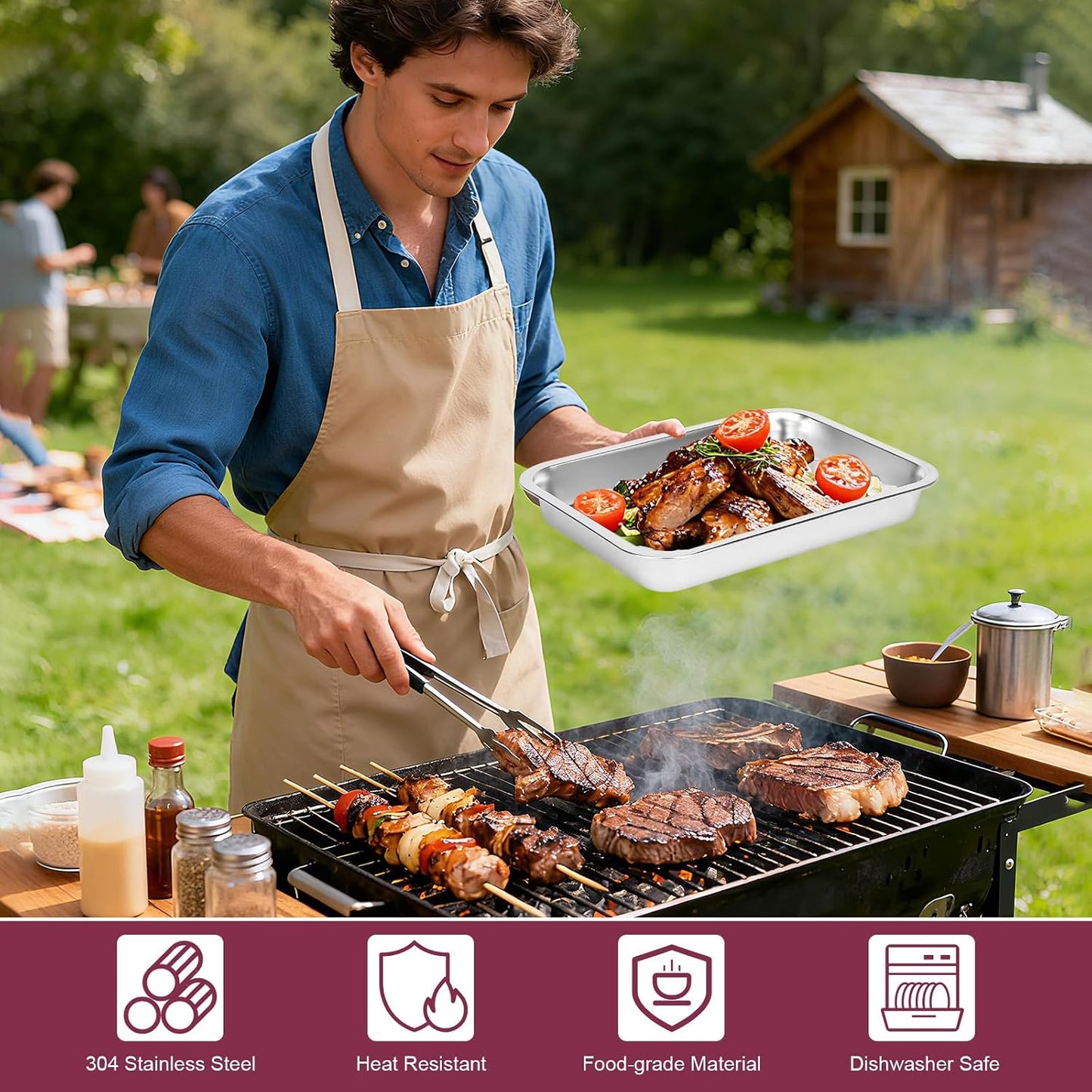 Grill Prep Trays Sets of 5, Stainless Steel Large Capacity Grilling Prep and Serve Trays Set, Marinade Containers with Lids, and Cutting Board, BBQ Grill Trays Accessories Gifts for Men