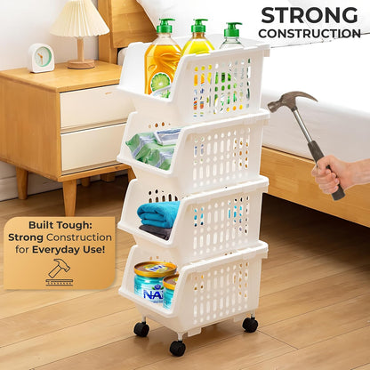 TidyFriend Plastic Stackable Storage Bins Clear - 4 Pack Large Open Front Bins For Toy Organizers and Pantry, Kitchen, Bathroom Essentials