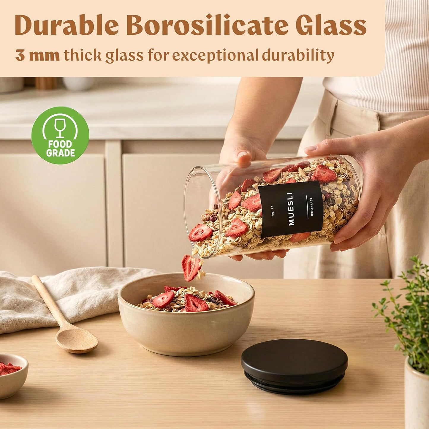 EDELHAUS 2x Large Glass Storage Containers with Airtight Black Lids [135oz/4000ml] | Extra Thick Glass Canisters for Pantry + 63 Labels | Flour Rice Cereal Sugar Coffee Beans Tea