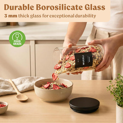 EDELHAUS 2x Large Glass Storage Containers with Airtight Black Lids [135oz/4000ml] | Extra Thick Glass Canisters for Pantry + 63 Labels | Flour Rice Cereal Sugar Coffee Beans Tea