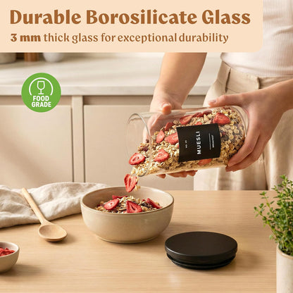 EDELHAUS 2x Large Glass Storage Containers with Airtight Black Lids [135oz/4000ml] | Extra Thick Glass Canisters for Pantry + 63 Labels | Flour Rice Cereal Sugar Coffee Beans Tea