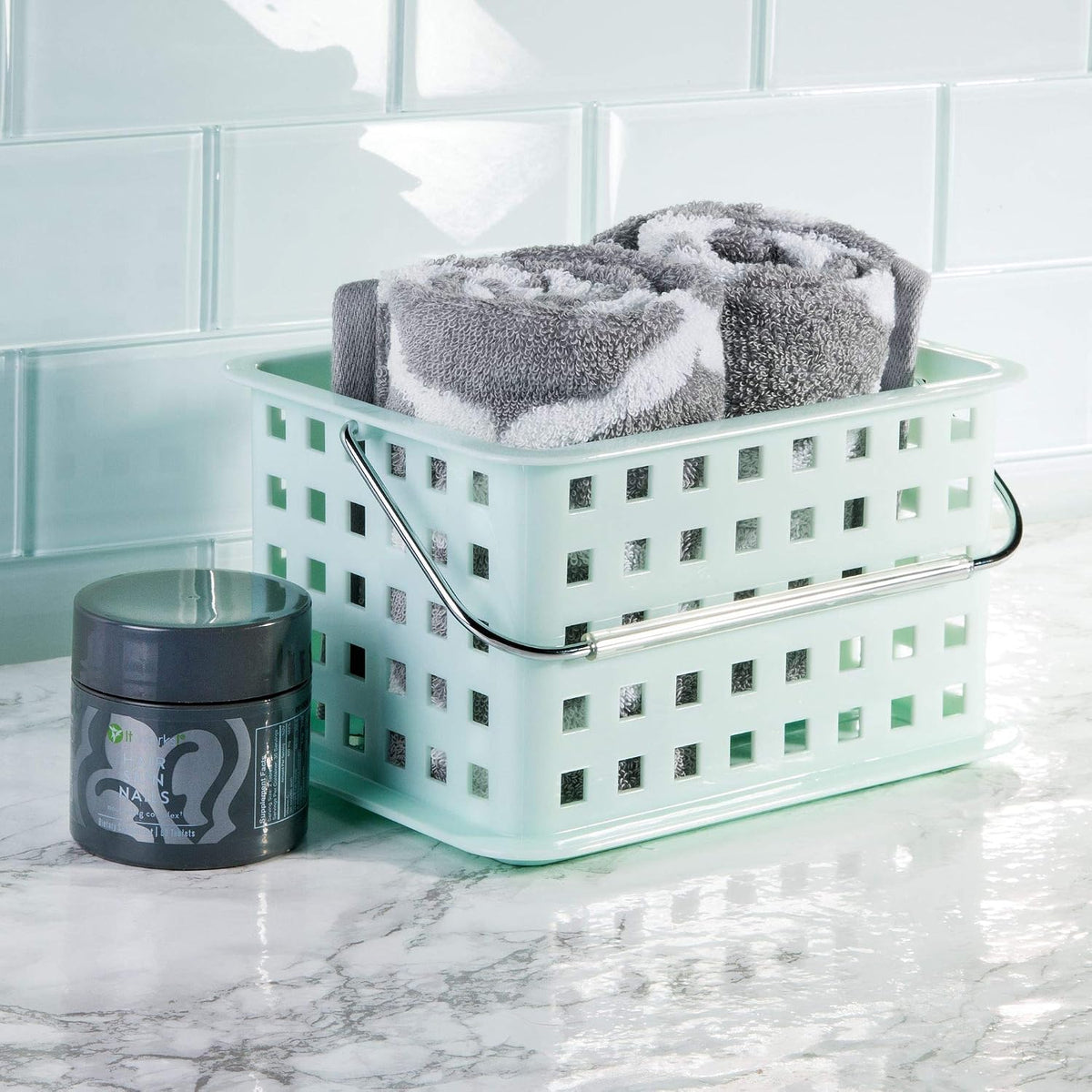 iDesign Spa BPA-Free Plastic Small Stackable Basket with Handle - 9.25" x 7" x 5", Mint