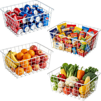 White Wire Storage Baskets,11.1"x8.7"x4.7"Wire Freezer Storage Organizer Bins Farmhouse Metal Freezer Basket with Handles for Cabinets, Pantry, Closets, Bedrooms,White,4 Pack