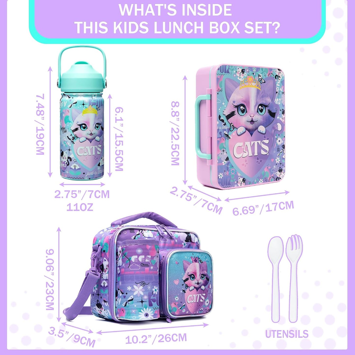 Kids Bento Lunch Box with 6 Compartments Girls Lunch Box with Lunch Bag,Stainless Steel Water Bottle,Ice Pack & Utensils Set,Birthday Gifts for Ages 3-12 Back to School Toddler Girls