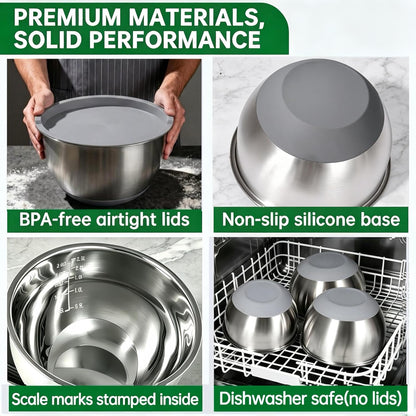 Deedro Premium Mixing Bowls with Airtight Lids Set, 22Pcs Thicker Stainless Steel Mixing Bowl Set, Large Prep Metal Bowls, Non-Slip Silicone Base Nesting Bowls for Kitchen, 1.5/2/3/4/5 QT, Black