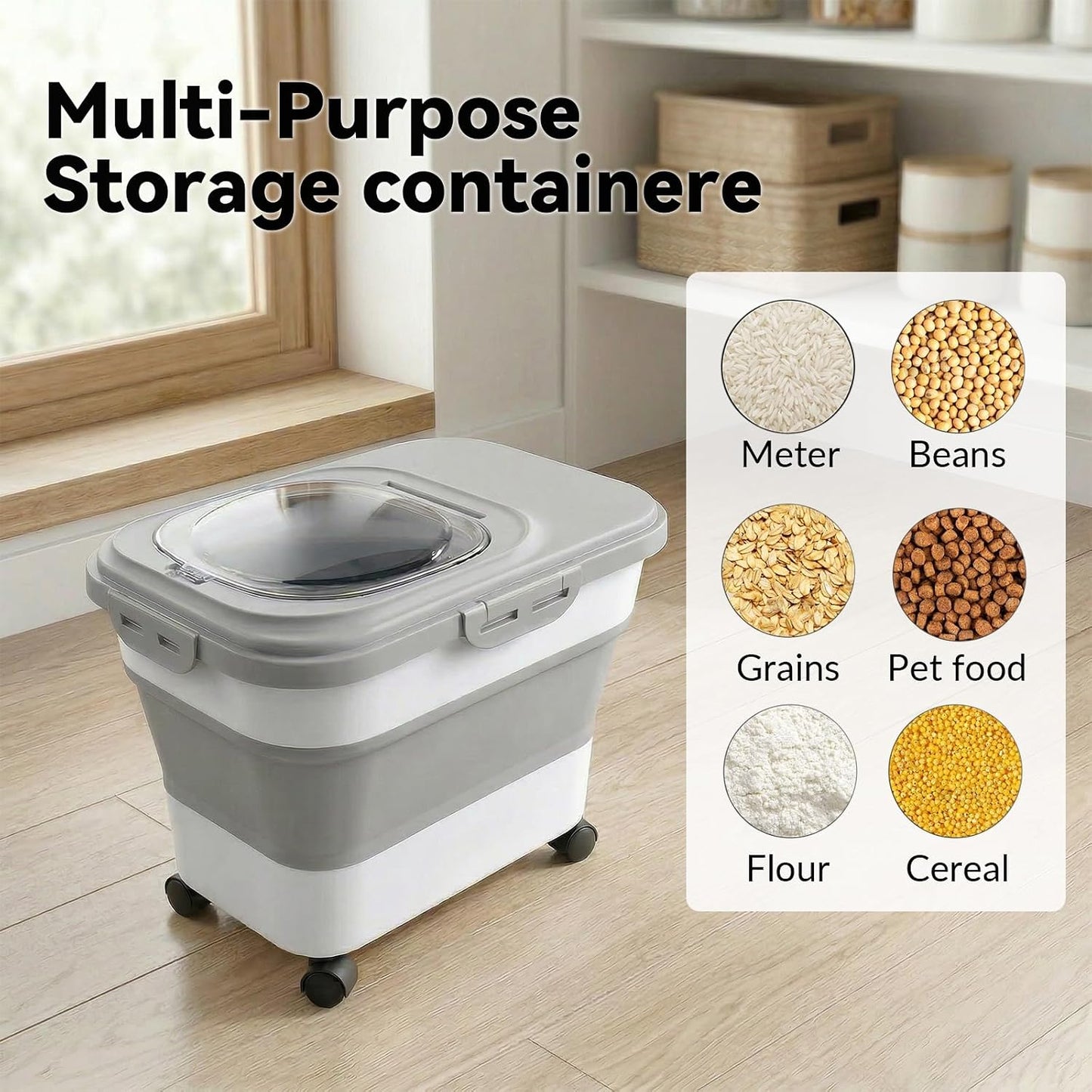 Rice Storage Container Collapsible 20-28 Lbs Food Storage Container with Rolling Wheels and Clear Airtight Lid. BPA Free Flour for Storing Rice, Flour, and Cat Dog Food Storage Container (Pink)