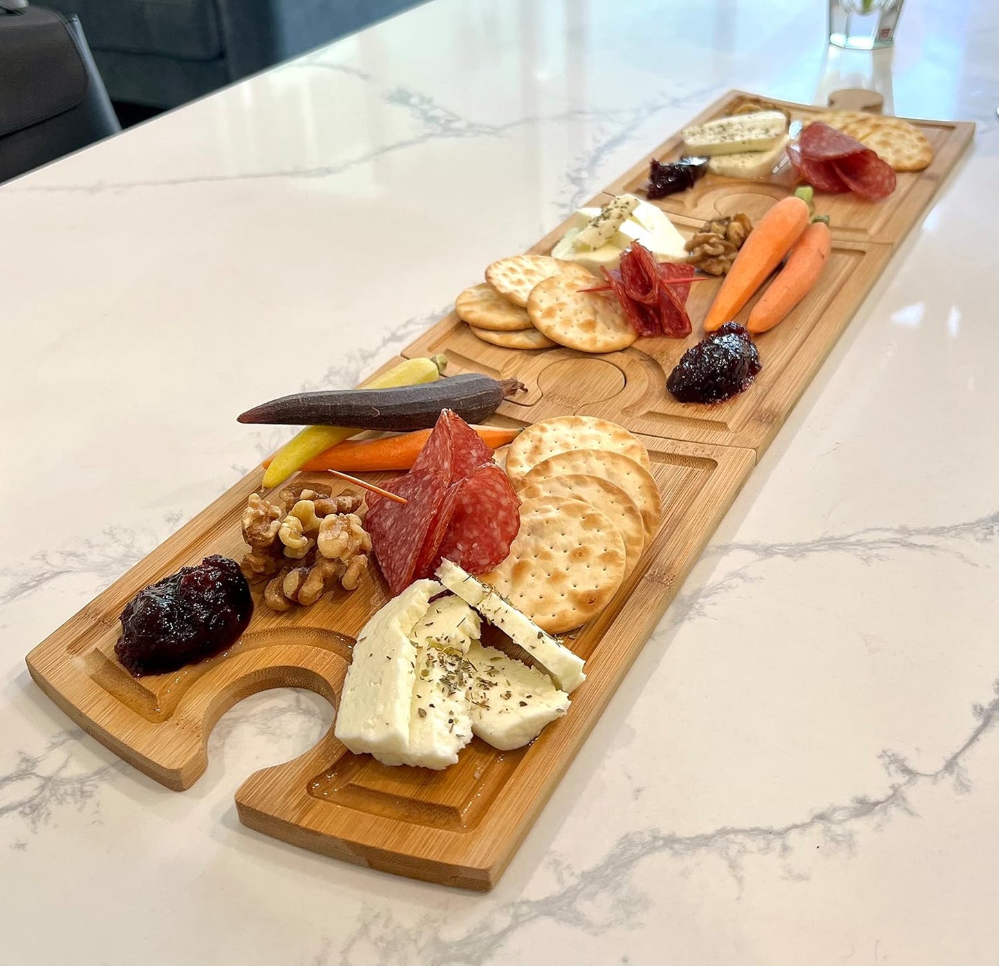 Bamboo Charcuterie Boards Set - Unique Puzzle Piece Design with Wine Glass Holder - Puzzle Charcuterie Cheese Board, Serving Tray - Set of 3