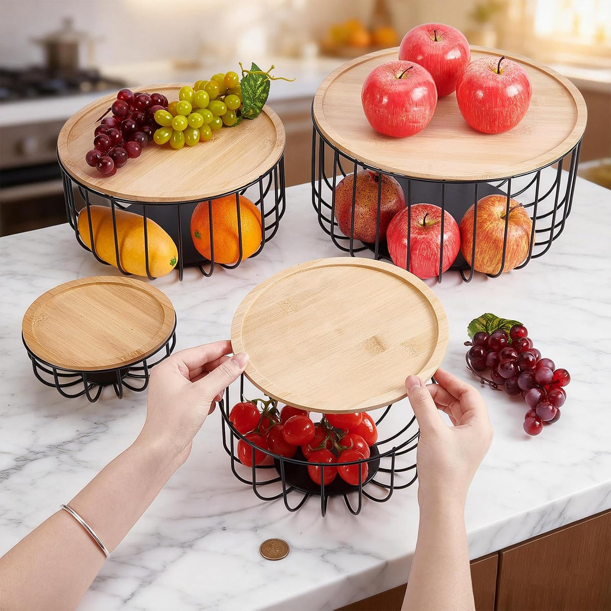 4Pcs Fruit Basket for Kitchen Counter Set, 11.9/10/8/6Inch Round Fruit Basket with Wooden Lid Countertop Bin for Produce Fruits Lemon Banana Candy Snack in Office, Black, 4 Size
