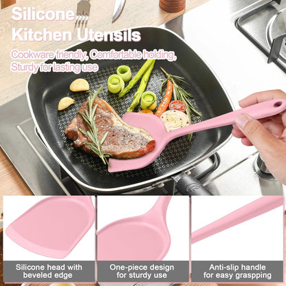 P&P CHEF Kitchen Utensil Set, 4 Pieces Non-stick Silicone Cooking Utensils, Heat-resistant Slotted Solid Spoon Turner for Frying, Mixing, Serving, Non-toxic & Easy to Clean, Blue