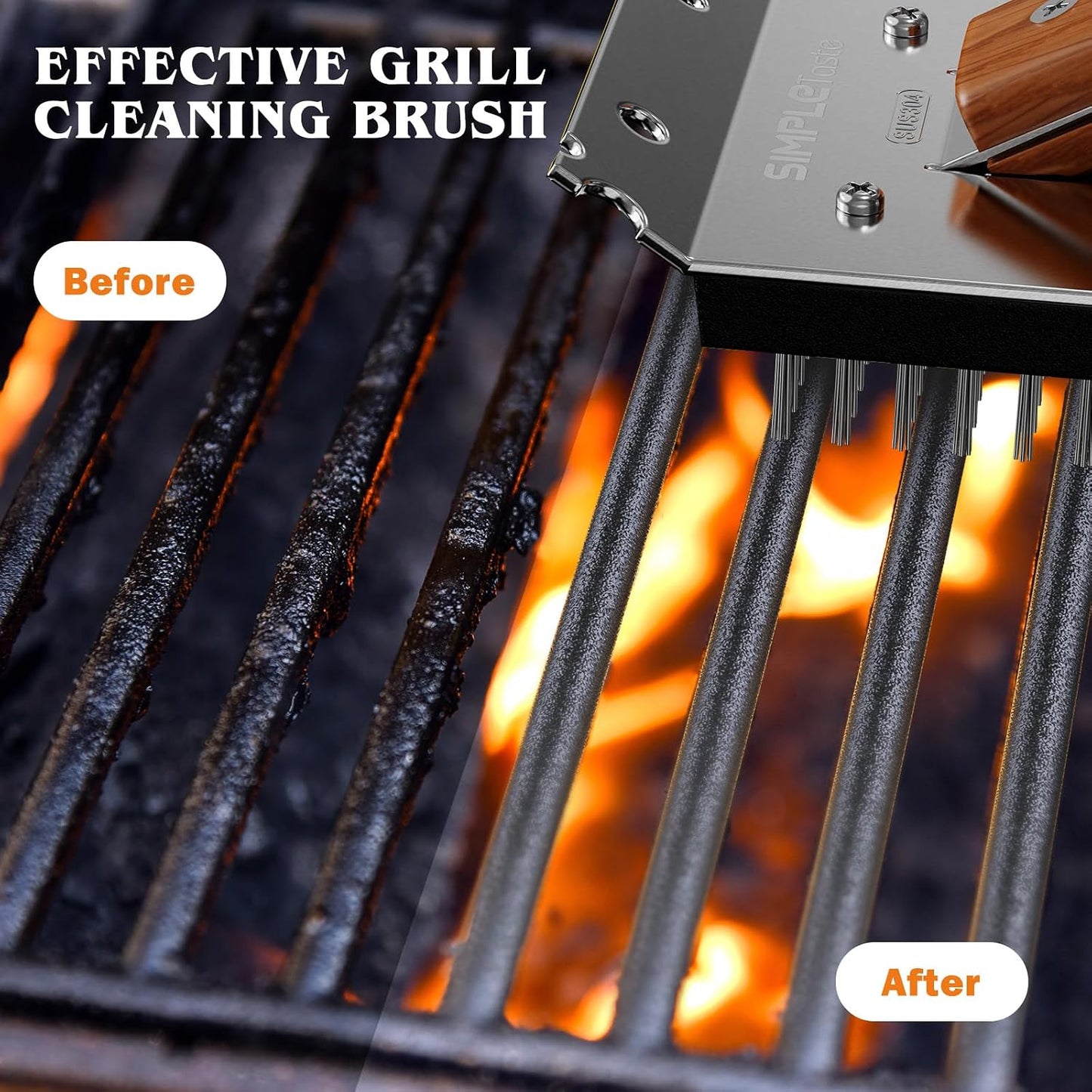 SIMPLETASTE Grill Brush and Scraper for BBQ, Durable & Effective, Replaceable Stainless Steel Head, Wooden Handle Wire Grill Brush for Outdoor Grill, Barbecue Accessories