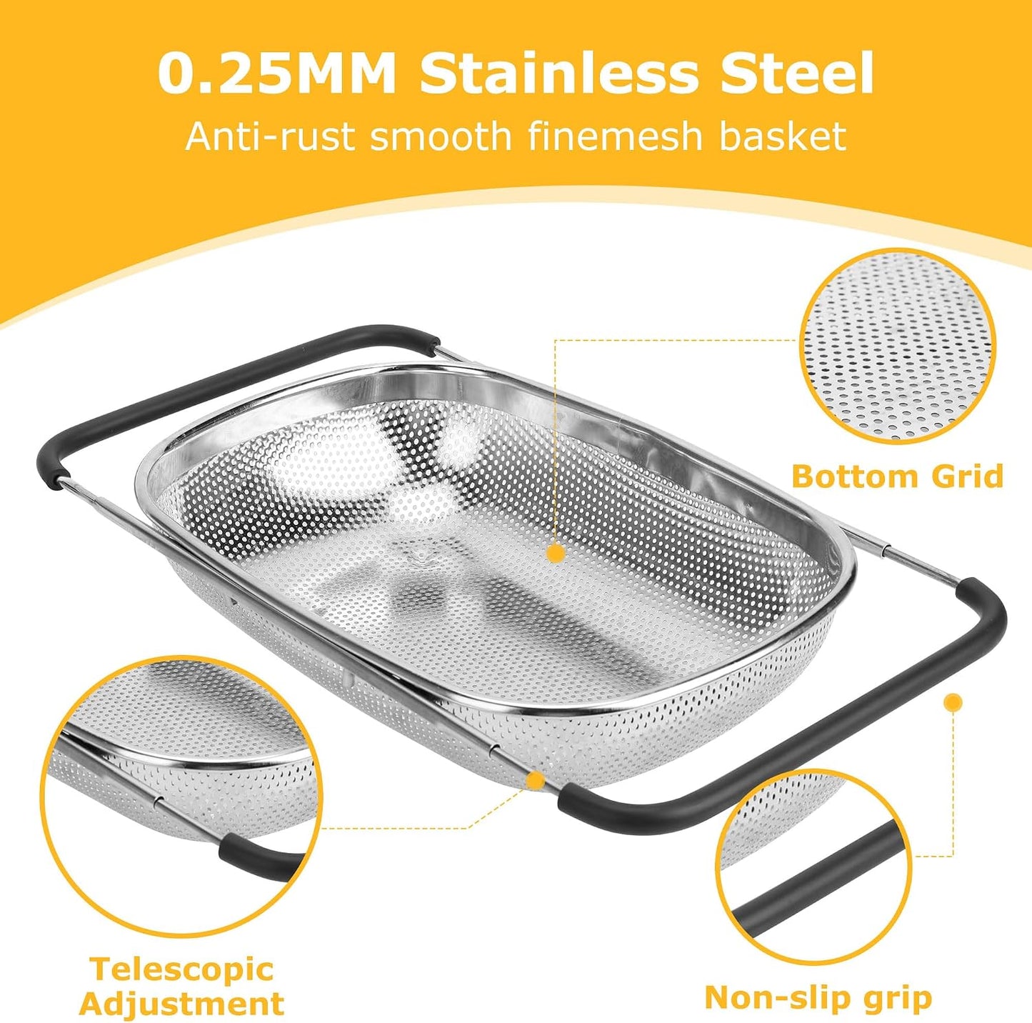 ZDRongZhen Kitchen Accessories Over the Sink Colander Strainer Basket，Stainless Steel Colander with Expandable Rubber Grip Sink Drainer-Rinse Vegetables Fruits &Strain&Drain (Large-Fine mesh)