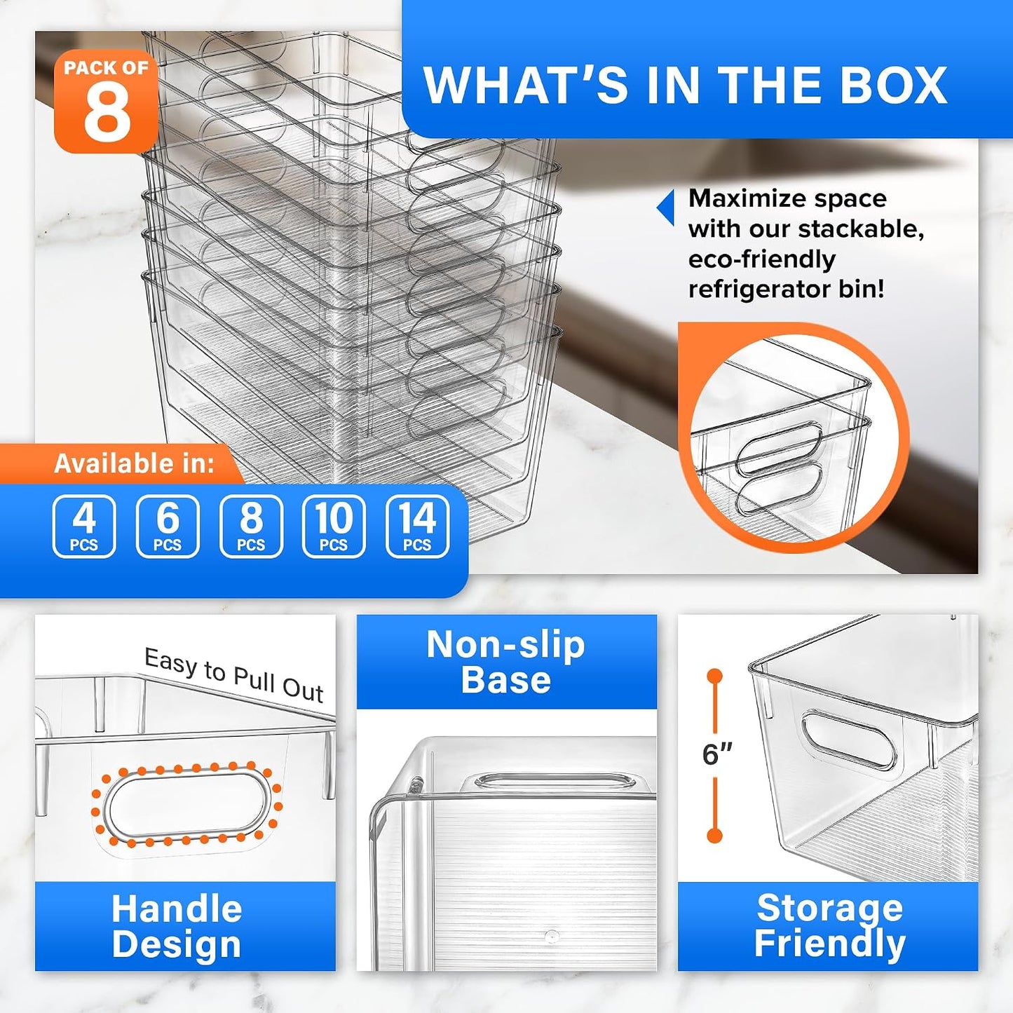 Lifemaster Stackable Refrigerator Bins - Set of 6 Large Capacity Organizers with Easy Grip Handles - Clear and Versatile for Kitchen Storage
