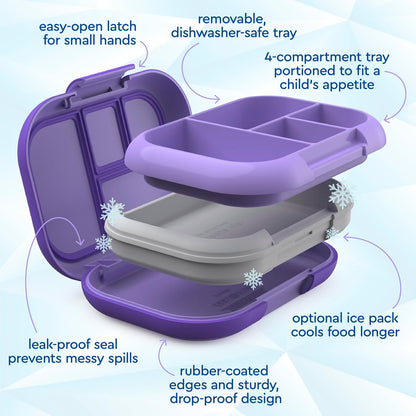 Bentgo Chill Kids Leak-Proof Lunch Box - 4-Compartment Bento Box with Built-In Ice Pack, 3.3 Cup Capacity, PFAS & BPA-Free, Microwave & Dishwasher Safe, Ideal Size for Ages 3 to 7 (Truly Teal)