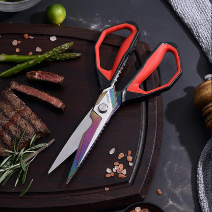 LIVINGO Heavy Duty Kitchen Shears - Titanium Coated Hot Forged Sharp Multipurpose Stainless Steel Utility Shears for Household Culinary Food Cutting Chicken Meat Cooking, Dishwasher Safe, 9.5 Inch
