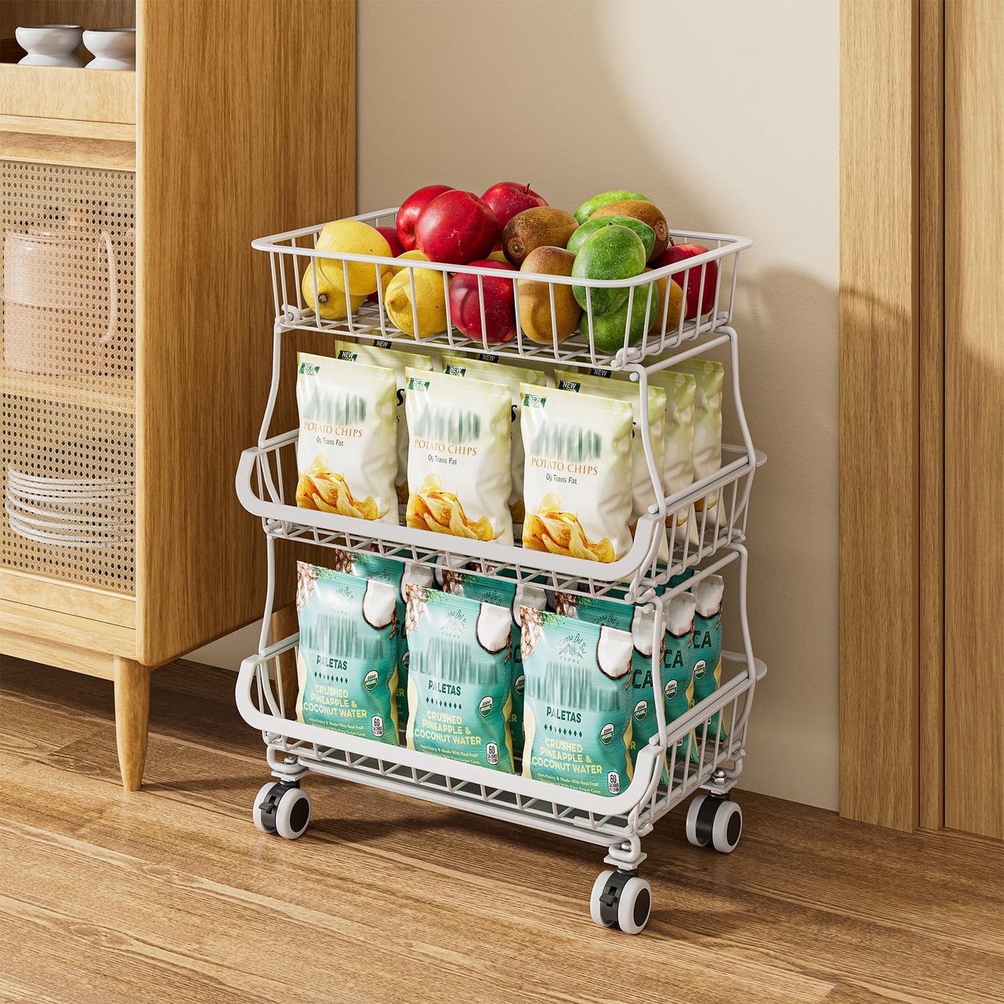 3 Tire Rolling Pantry Organizers and Storage Cart on Wheels | Metal Frame, Under Pantry Cabinet, Drip Tray, Storage for Snack, Potato, Onion, Produce, Can, Drink, Fruit and Vegetable