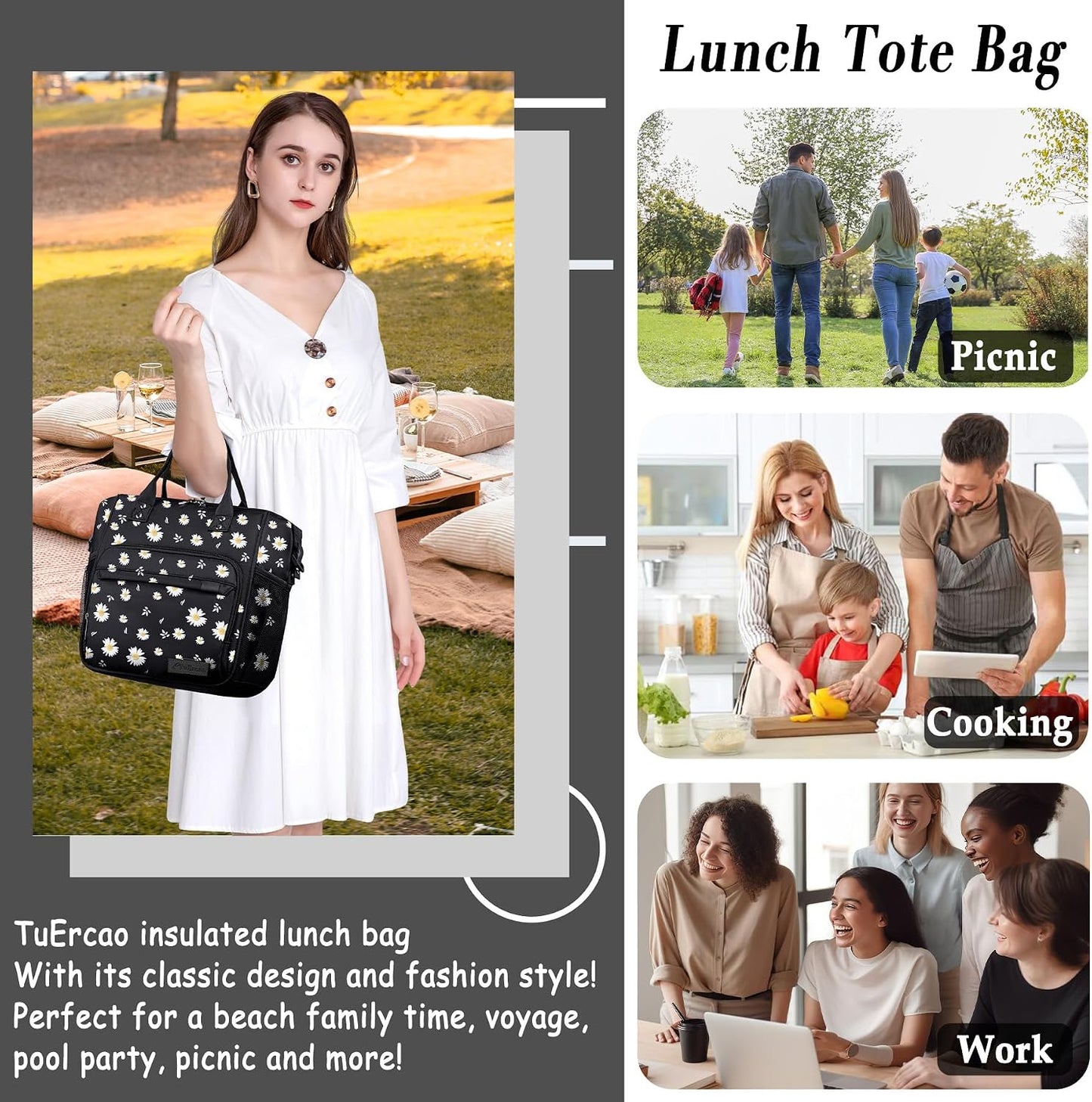 TuErCao Small Lunch Bag Lightweight Insulated Lunch Box for Women Work Portable Soft Cooler for Picnic Travel Road Trips, Loncheras para Mujer, Black