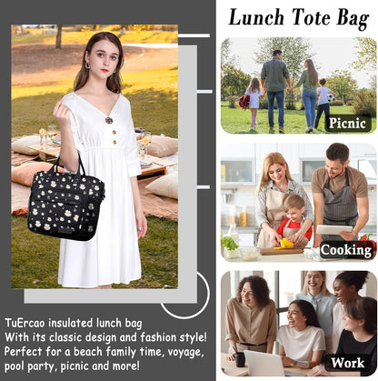 TuErCao Small Lunch Bag Lightweight Insulated Lunch Box for Women Work Portable Soft Cooler for Picnic Travel Road Trips, Loncheras para Mujer, Black
