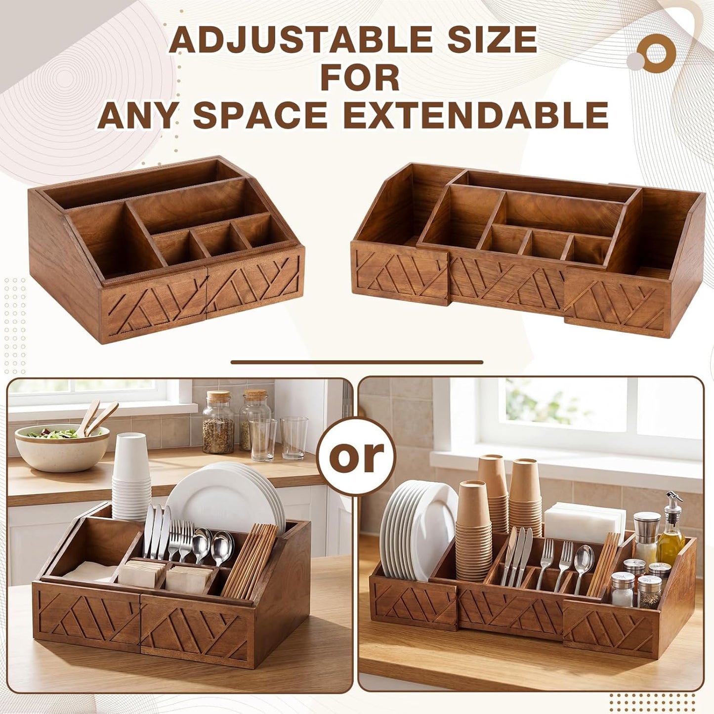 Paper Plate Dispenser Extendable, Paper Plate Holder for Kitchen Counter Wood Silverware Utensil Caddy Cutlery Flatware Organizer Box for Cups Spoons Forks Kitchen Accessories(Black)
