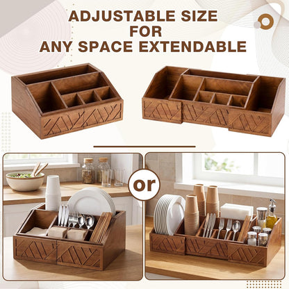 Paper Plate Dispenser Extendable, Paper Plate Holder for Kitchen Counter Wood Silverware Utensil Caddy Cutlery Flatware Organizer Box for Cups Spoons Forks Kitchen Accessories(Black)