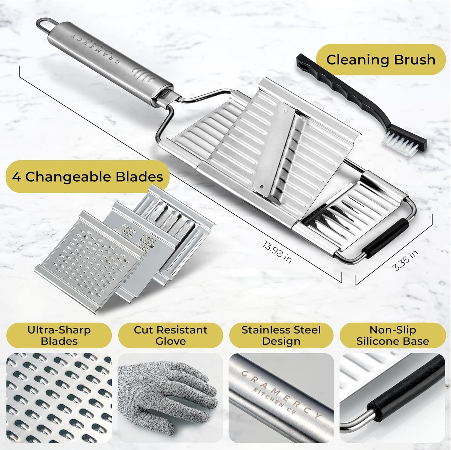 Gramercy Handheld Mandoline Slicer for Kitchen - Stainless Steel Veggie & Fruit Slicer with 4 Blades - Slicer, Julienne & Grater; Cut Resistant Safety Glove & Cleaning Brush Included; Dishwasher Safe