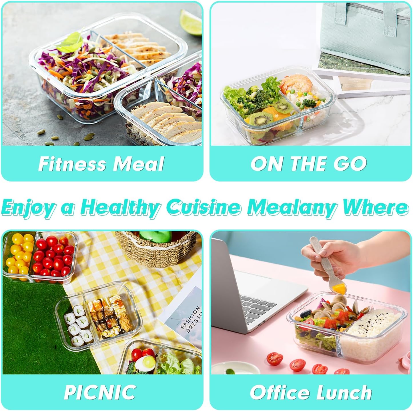 VERONES 10 Pack Glass Meal Prep Containers 2 Compartment Set, 30 OZ Airtight Glass Lunch Containers, Glass Food Storage Containers with Lids, for Microwave, Oven, Freezer & Dishwasher Friendly，Grey