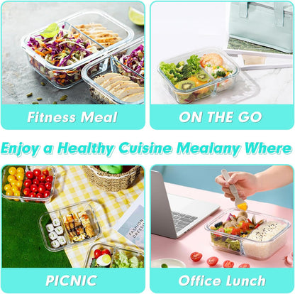 VERONES 10 Pack Glass Meal Prep Containers 2 Compartment Set, 30 OZ Airtight Glass Lunch Containers, Glass Food Storage Containers with Lids, for Microwave, Oven, Freezer & Dishwasher Friendly，Grey