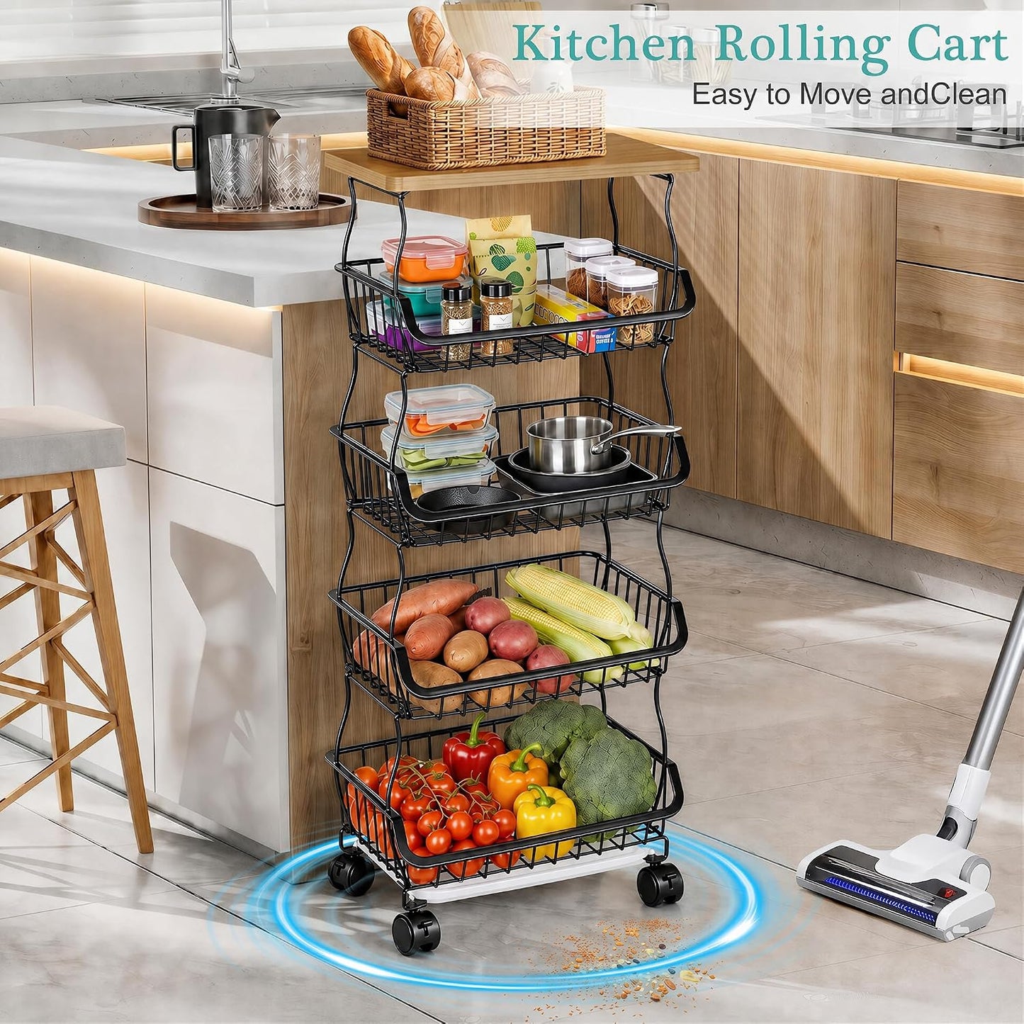 VECELO 4-Tier Fruit Basket with Wheels, Fruit and Vegetable Storage Cart for Kithchen, Stackable Produce Organizer Wire Baskets for Kitchen, Pantry, Living Room