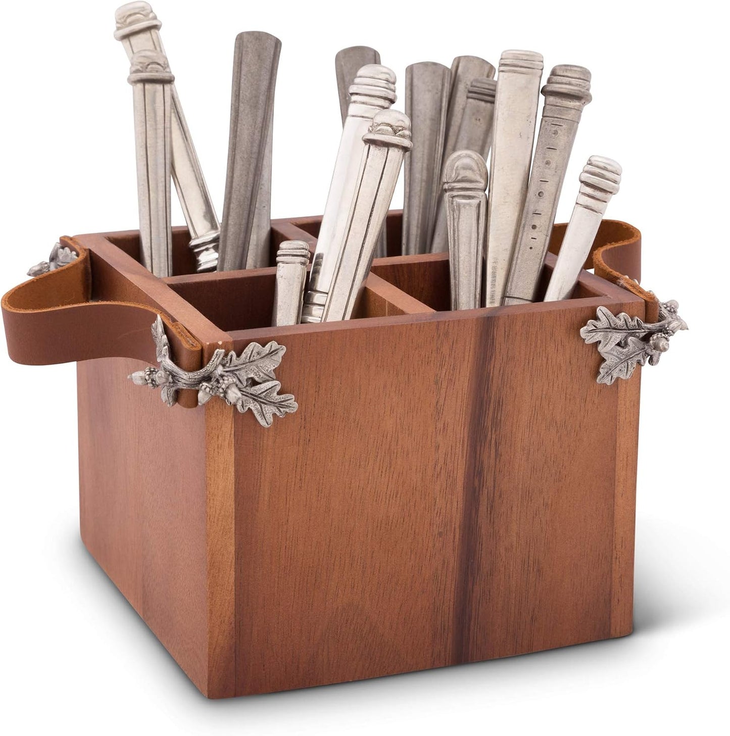 Vagabond House Caddy Rectangle Acacia Wood Flatware/Serve ware/Utensil/Carry-All Holder Solid Pewter Song Bird Accent and Real Leather Handles, 3 Small and 1 Larger Compartment 13.5 inch Long