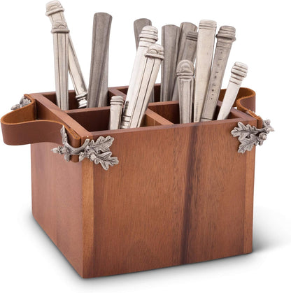 Vagabond House Caddy Rectangle Acacia Wood Flatware/Serve ware/Utensil/Carry-All Holder Solid Pewter Song Bird Accent and Real Leather Handles, 3 Small and 1 Larger Compartment 13.5 inch Long