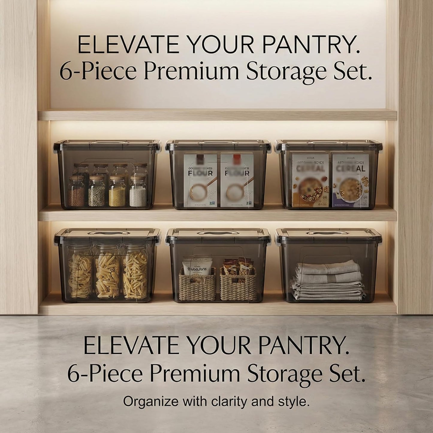 6 Quart Stackable Plastic Storage Bins with Lids, 6 Pack Clear Black Small Organizer Boxes with Latches for Bathroom, Pantry, Office Desk and Small Item Storage
