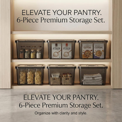 6 Quart Stackable Plastic Storage Bins with Lids, 6 Pack Clear Black Small Organizer Boxes with Latches for Bathroom, Pantry, Office Desk and Small Item Storage
