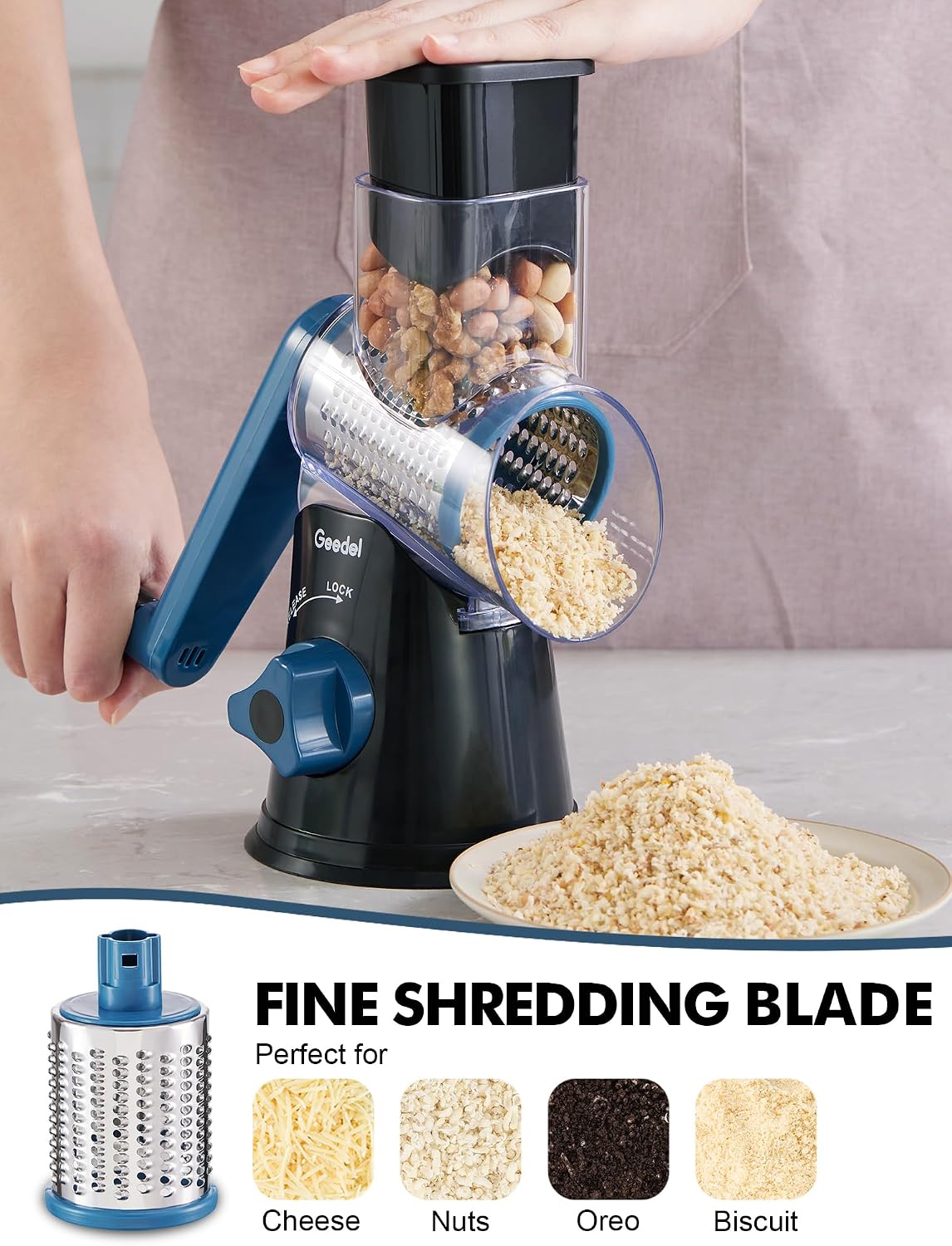 Geedel Rotary Cheese Grater, Kitchen Mandoline Vegetable Slicer with 3 Interchangeable Blades, Easy to Clean Rotary Grater Slicer for Cheese, Vegetables, Nuts
