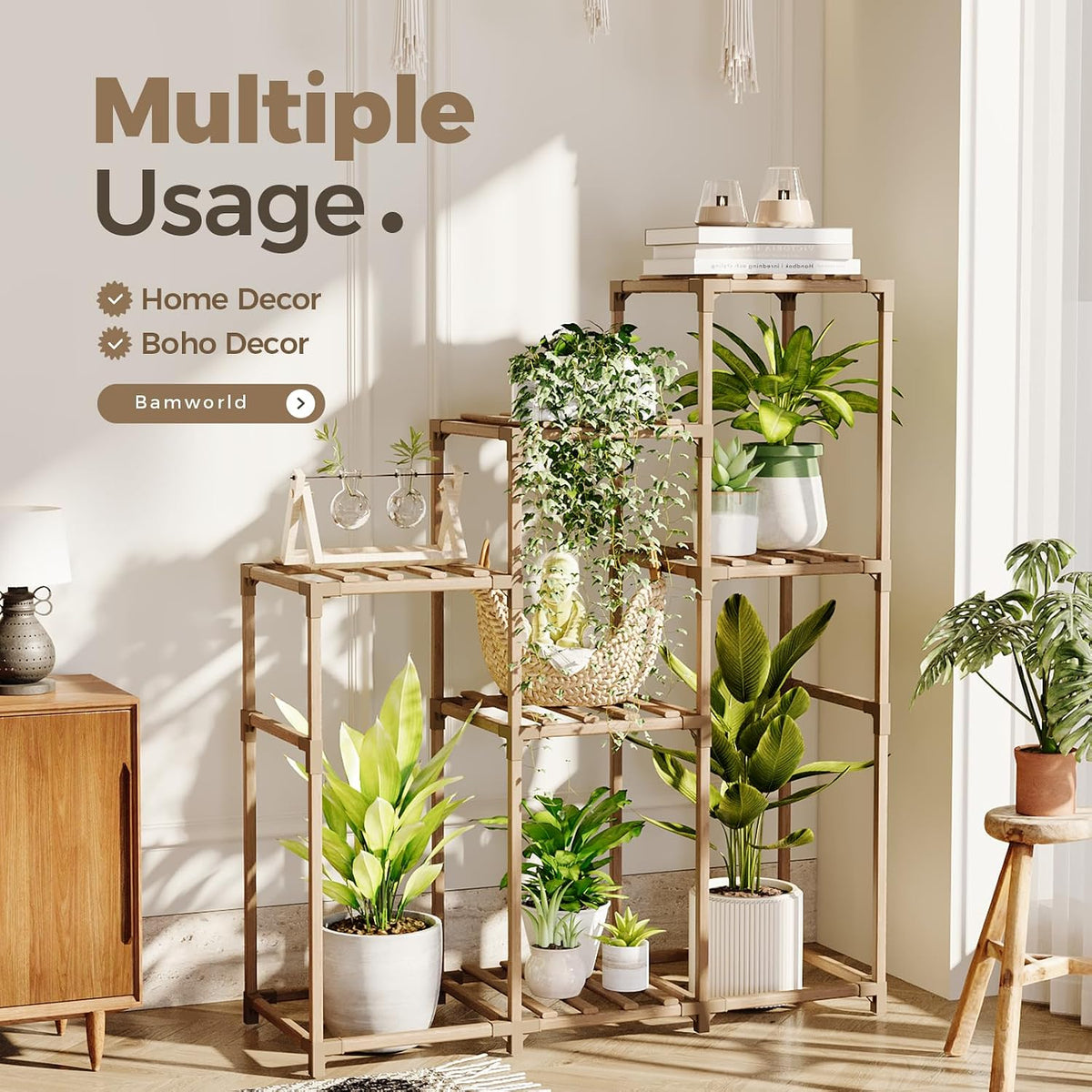 Bamworld Plant Stand Indoor Plant Shelf Outdoor Wood Plant Rack