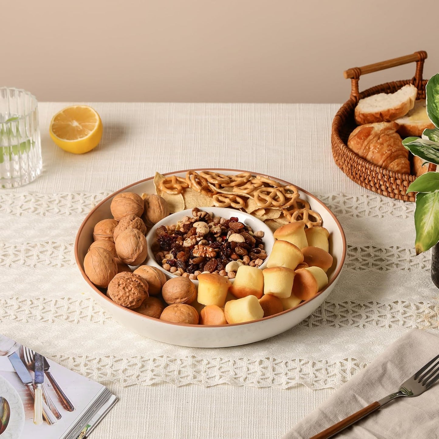 Ceramic Chips and Dip Serving Tray: 12 Inch Large Divided Bowls Set for Salsa, Veggies & Dip, Appetizers, Snacks, Fruit, Candy, Free-Form Serving Dish Platter for Parties Hosting & Entertaining
