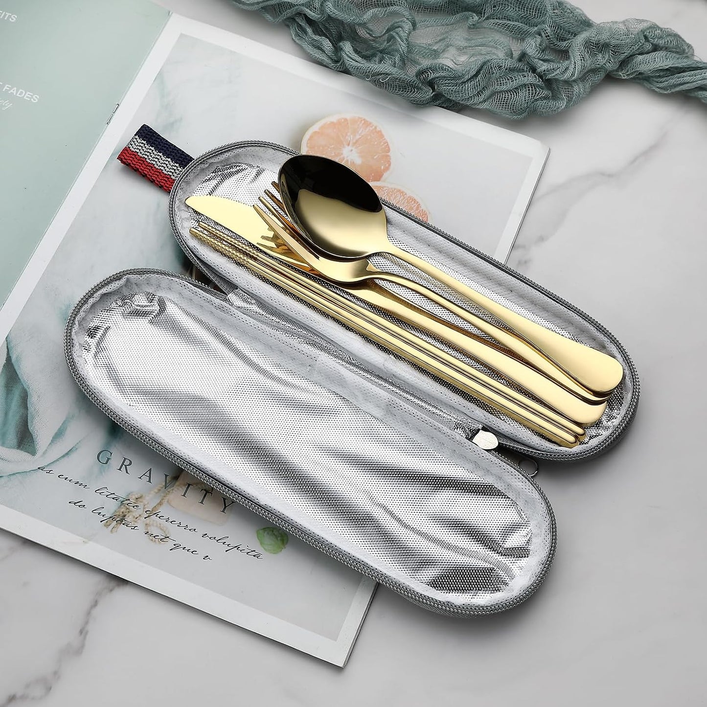 DEVICO Camping Utensils, Full-Size Reusable Silverware for Lunch Adult, Stainless Steel Travel Cutlery Set with Case, Portable Fork Spoon Knife Set for Work, Flatware with Chopsticks (Rainbow)