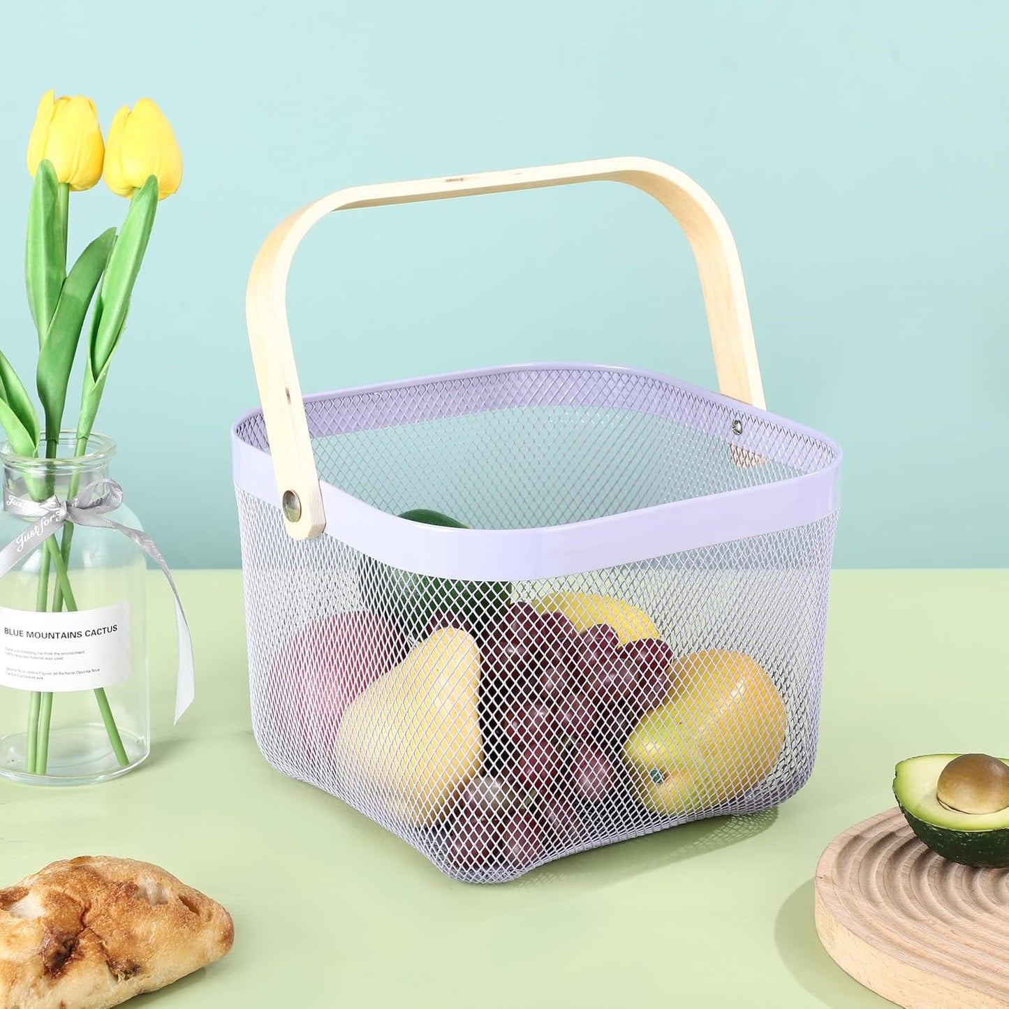 AJIODA Metal Mesh Wire Basket, Large Steel Basket with Wooden Handle Storage Organizer Basket Multi-functional Hanging Kitchen Baskets Fruit Baskets for Kitchen Bathroom Cabinet Pantry Snacks, Black