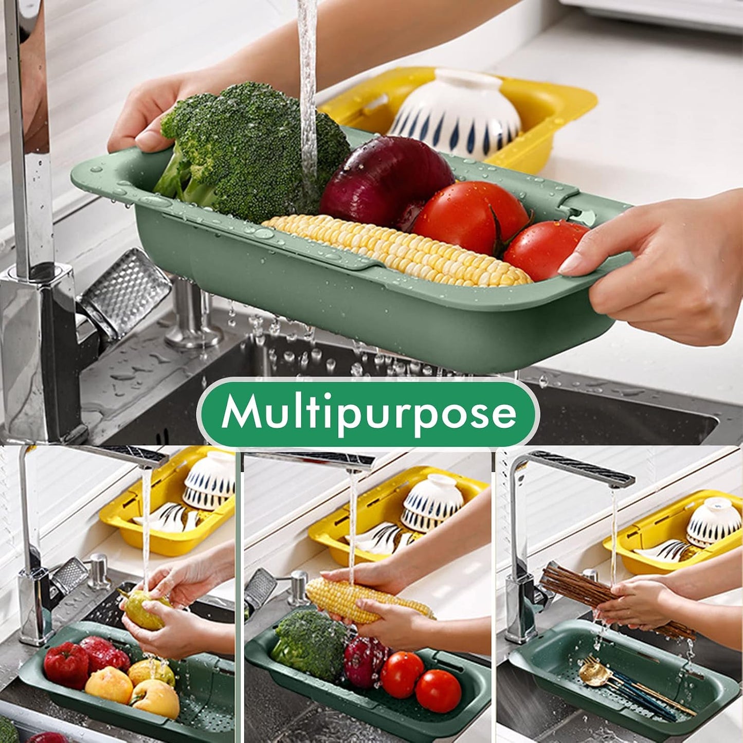 KesaPlan Collapsible Sink Colanders and Strainers Basket Over the Colander Extendable Plastic Fruit Vegetable Strainer Drainer for Kitchen(Length 14.3-19.4 inch)(Gray Set of 2)