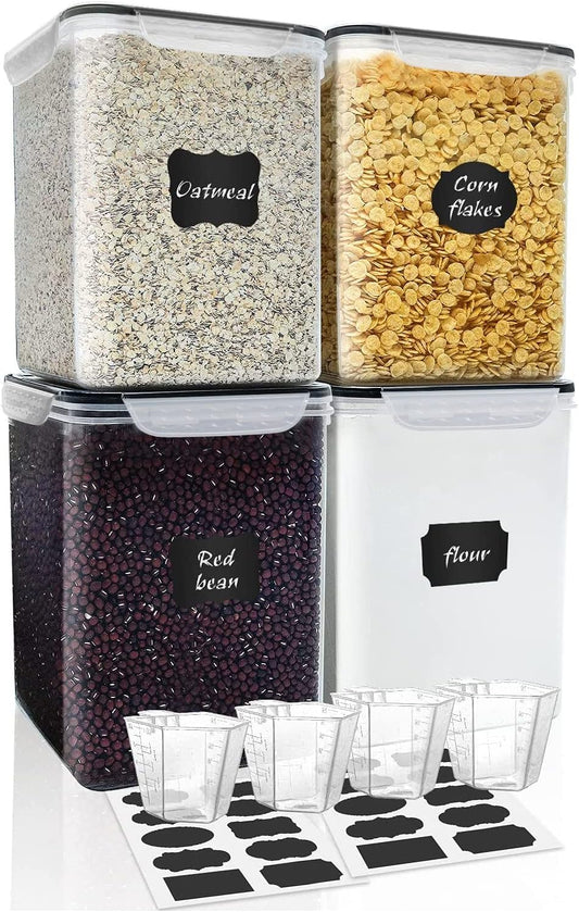 M MCIRCO Extra Large 7qt / 6.5L/220oz Tall Food Storage Containers, WIDE & DEEP, 4-Piece Plastic Airtight Kitchen Pantry Storage Containers for Flour, Sugar, with 4 Measuring Cups,20 Labels