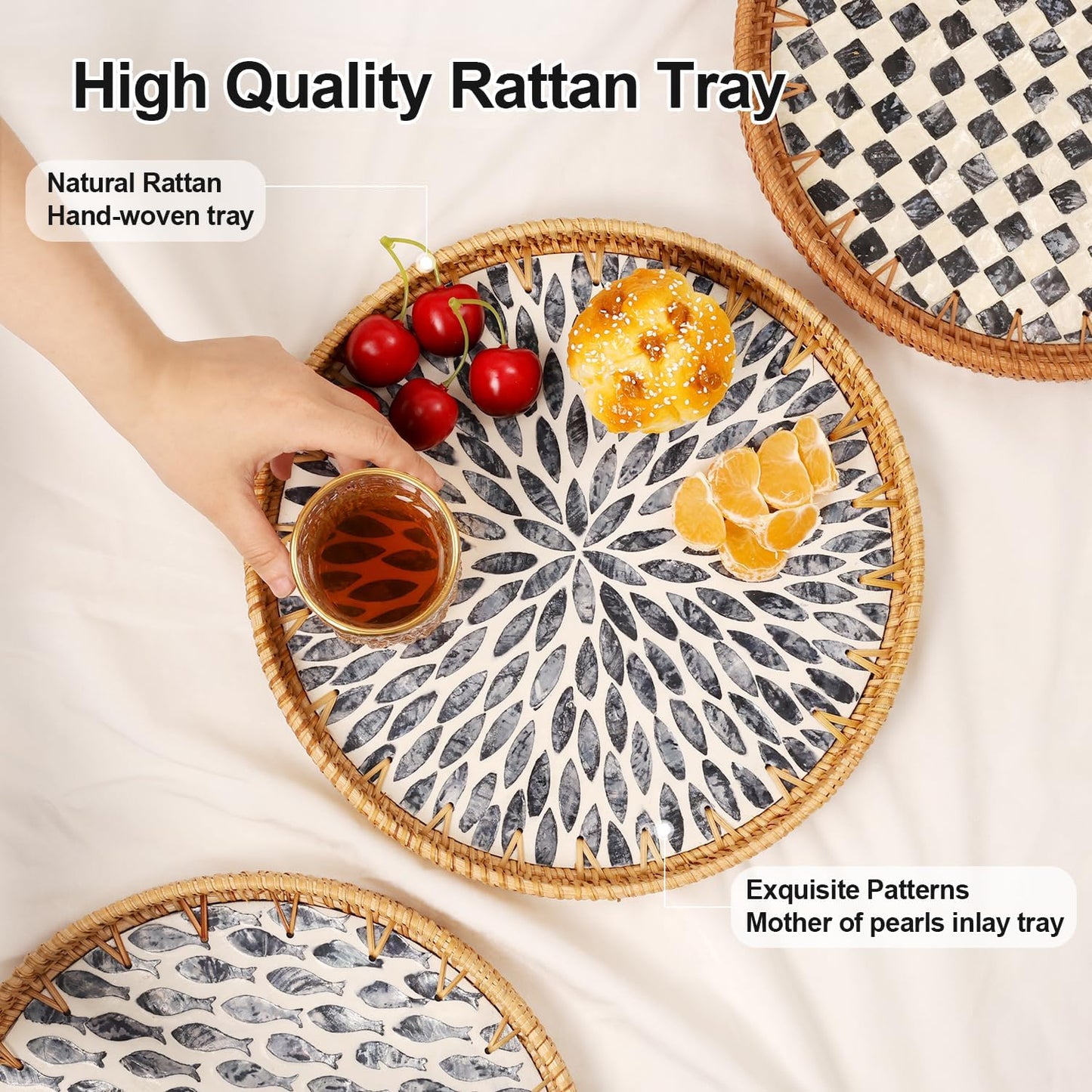 Round Rattan Tray with Mother of Pearl Inlay, Rattan Serving Tray for Coffee, Bread, Fruits, Decorative Wicker Tray for Table Decor, Home Decor, Kitchen Island Decor(Black Checkerboard, 11.8")
