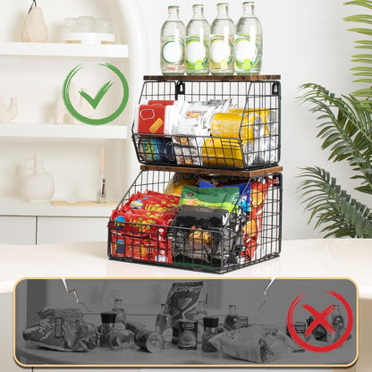 Mefirt Fruit Basket, 2-Tier Fruit Bowl for Kitchen Counter, Stackable Wall Mounted Fruit Storage, Snack Organizer, Potato and Onion Storage Basket, Hanging Pantry Storage with Wood Lid, 2 Set, White