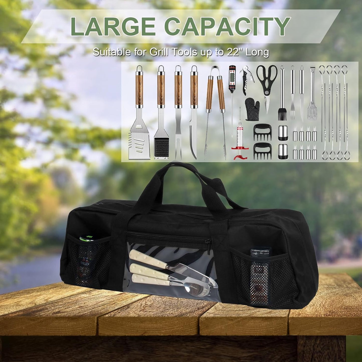 24" Grill Tool Storage Bag, Canvas, Black, Unisex, Classic Style, 60x24x24 cm/24 * 9.4 * 9.4 inches, Zipper Closure, Hand Strap, Perfect for Outdoor Grilling, Camping, Hiking