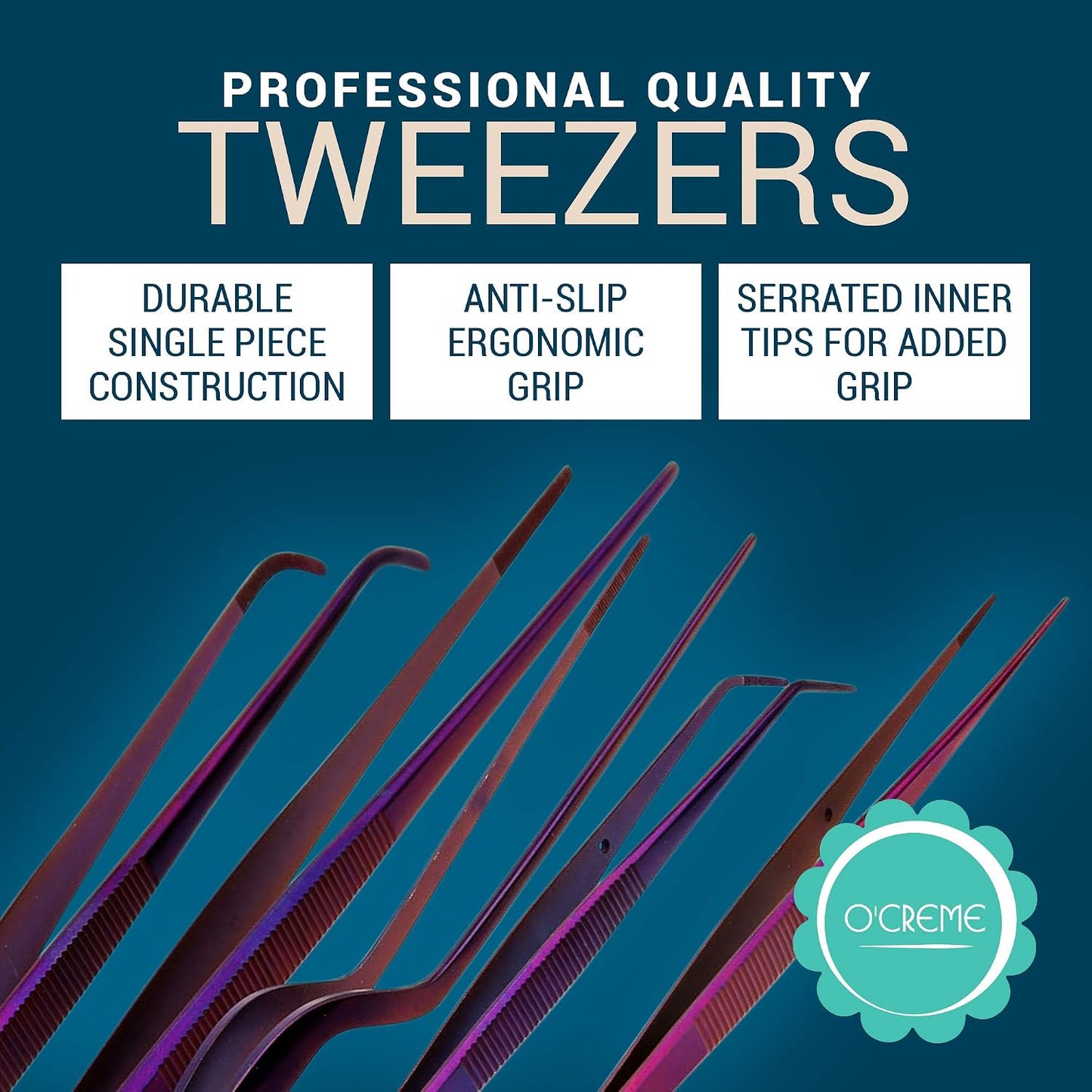 O'Creme Set of Culinary Tweezer Tongs Offset, Straight and Curved, Plus Super Sharp Chef Scissors, Total 6 Pieces (Rose Gold)